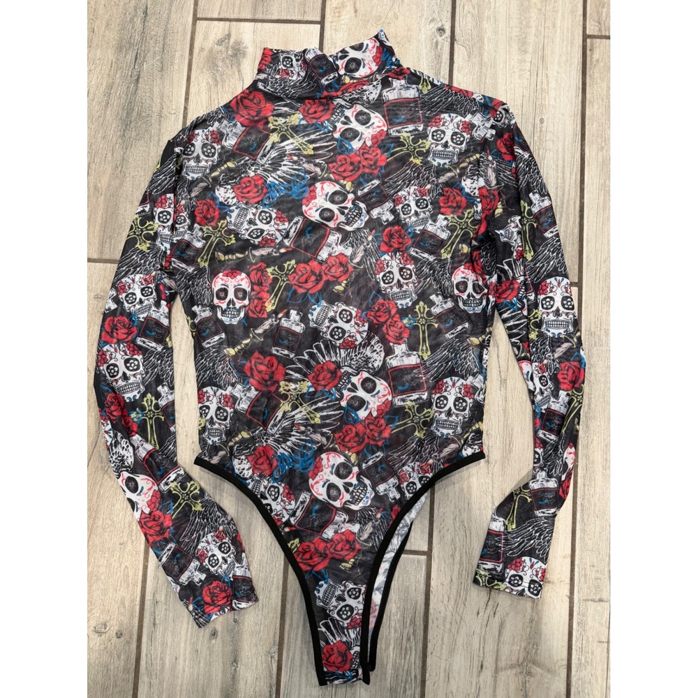 Avidlove Sugar Skull Rose Mesh Bodysuit Long Sleeve Mock Neck Sheer Top Medium